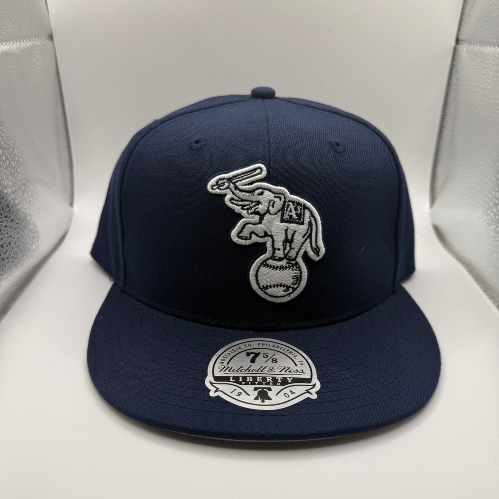 Mitchell & Ness Oakland Athletics Fitted Hat Navy Blue Elephant Logo 7 5/8 MLB